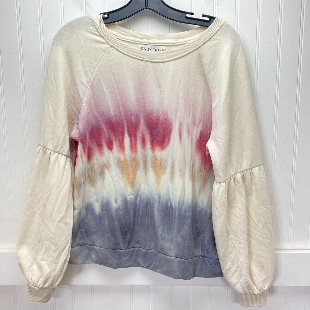 Knox Rose Top Tie Dye Sweatshirt Large Beige Stretchy Soft Knit Balloon Sleeve